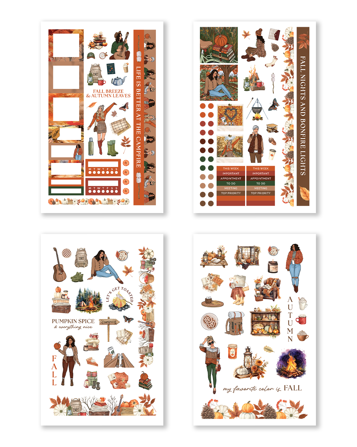 Cozy fall-themed planner sticker pages featuring pumpkins, campfires, autumn fashion illustrations, books, coffee, leaves, woodland decor, and warm seasonal planner stickers.