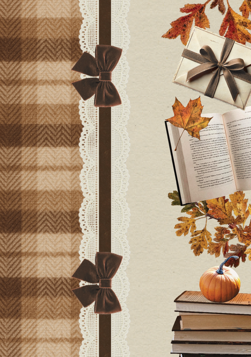 Vintage autumn scrapbook paper featuring cozy plaid fabric, velvet ribbon bows, lace trim, books, pumpkins, gift box, autumn leaves, and warm neutral background.