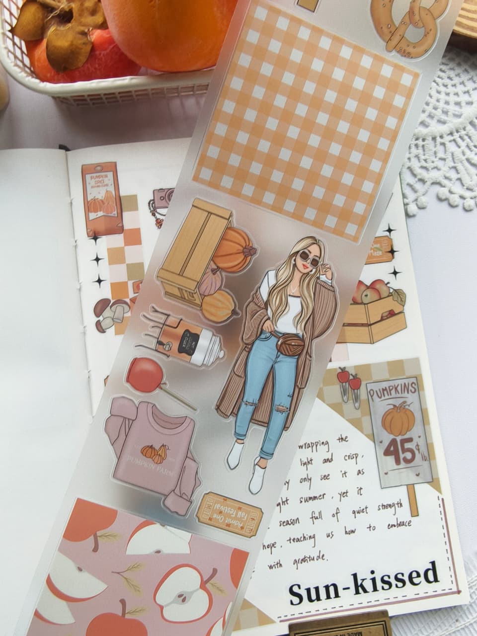 Close-up of Fall Festival PET Tape featuring autumn fashion, cozy coffee, pumpkins, sweaters, apple crates, fall festival tickets, and gingham pattern blocks for planners, journals, and scrapbooks.