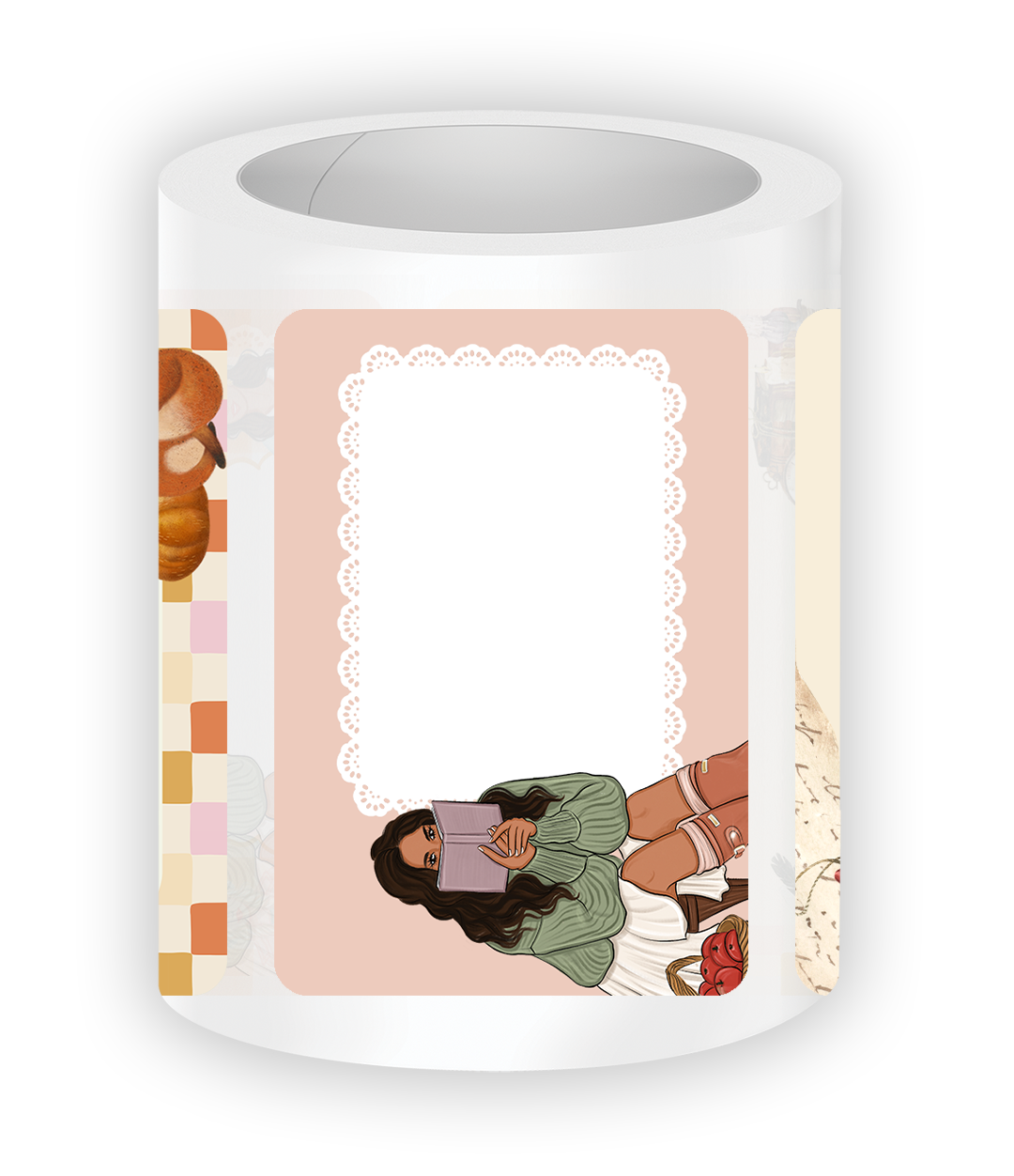 Autumn Memos sticky notes roll featuring cozy fall-themed memo designs with lace frame, warm tones, and illustrated girl reading