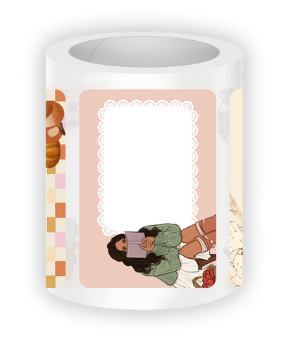 Autumn Memos sticky notes roll featuring cozy fall-themed memo designs with lace frame, warm tones, and illustrated girl reading