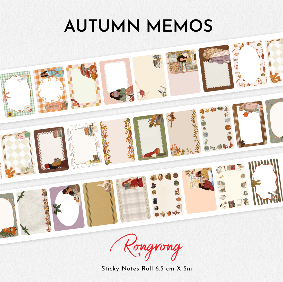 Design preview of Autumn Memos sticky notes roll showing multiple fall-inspired memo frames, vintage textures, books, leaves, and cozy journaling elements