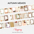 Design preview of Autumn Memos sticky notes roll showing multiple fall-inspired memo frames, vintage textures, books, leaves, and cozy journaling elements