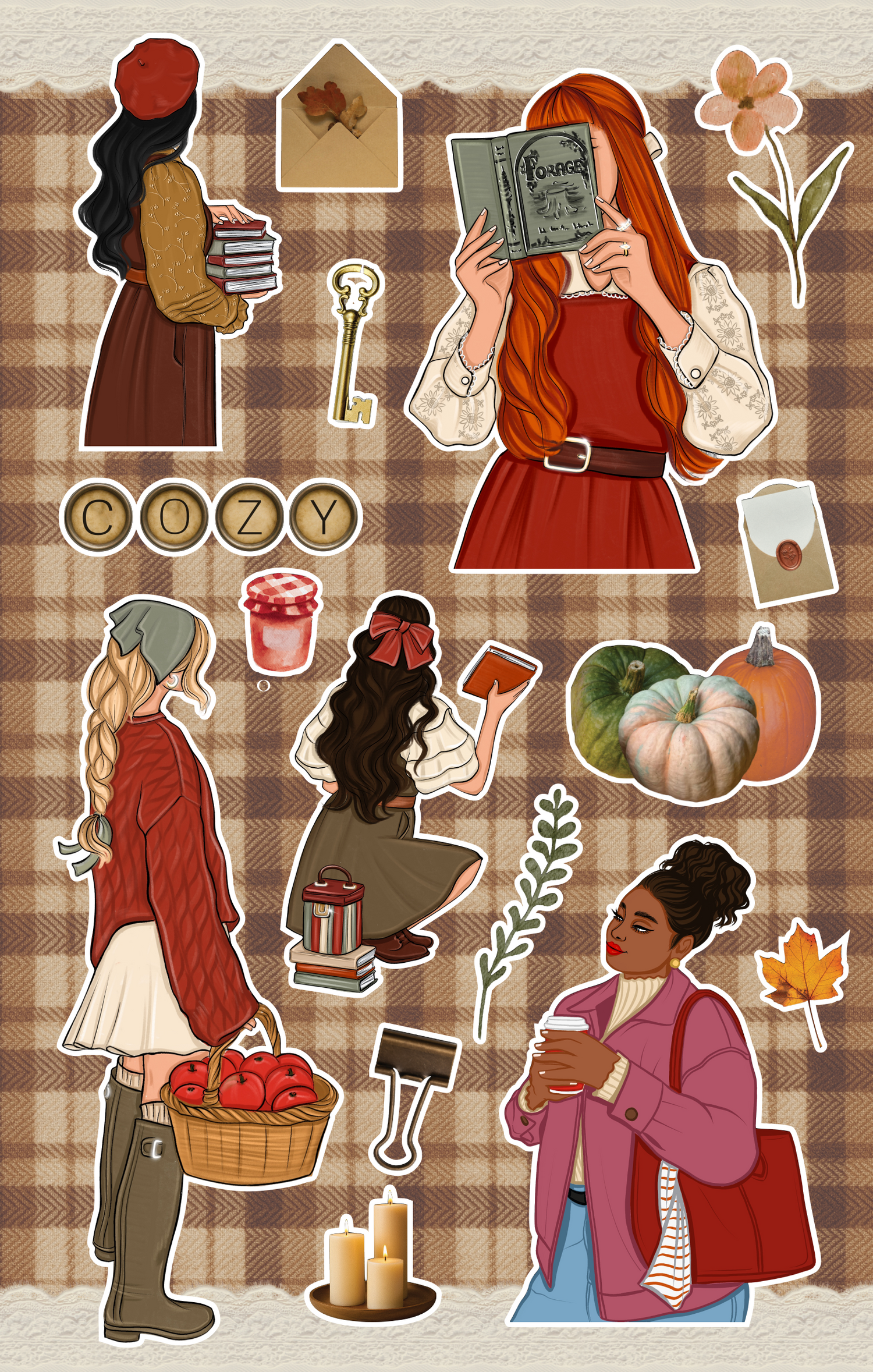 Cozy autumn sticker sheet featuring girls reading, carrying pumpkins, holding coffee, candles, pumpkins, books, fall leaves, florals, and warm plaid backgrounds.
