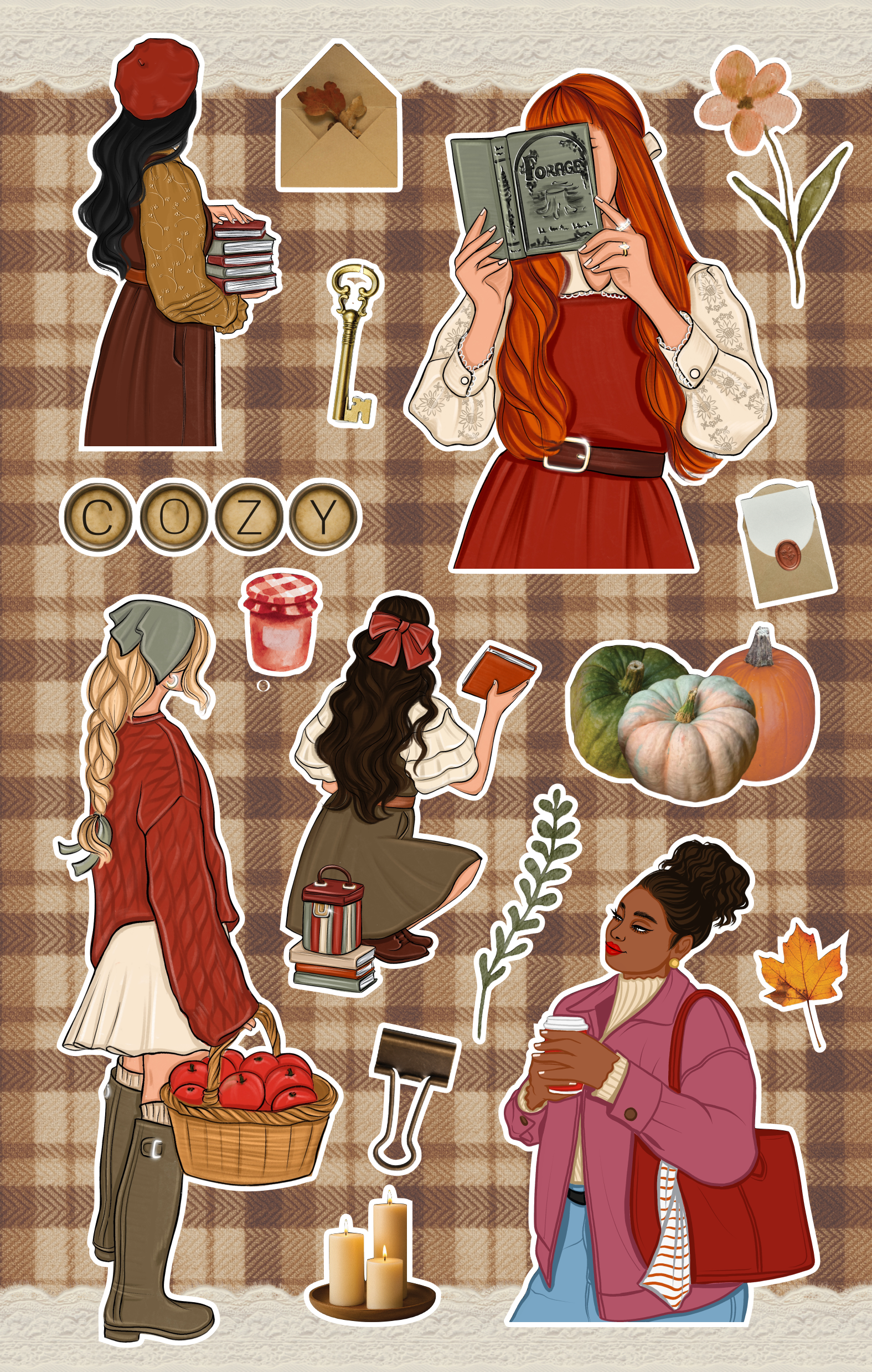 Cozy autumn sticker sheet featuring girls reading, carrying pumpkins, holding coffee, candles, pumpkins, books, fall leaves, florals, and warm plaid backgrounds.