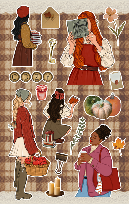 Cozy autumn sticker sheet featuring girls reading, carrying pumpkins, holding coffee, candles, pumpkins, books, fall leaves, florals, and warm plaid backgrounds.