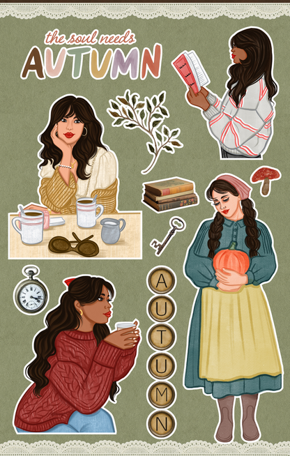 Autumn-themed sticker sheet with cozy girls, pumpkin, coffee mugs, vintage books, botanical elements, mushroom, pocket watch, key, and soft sage green background.