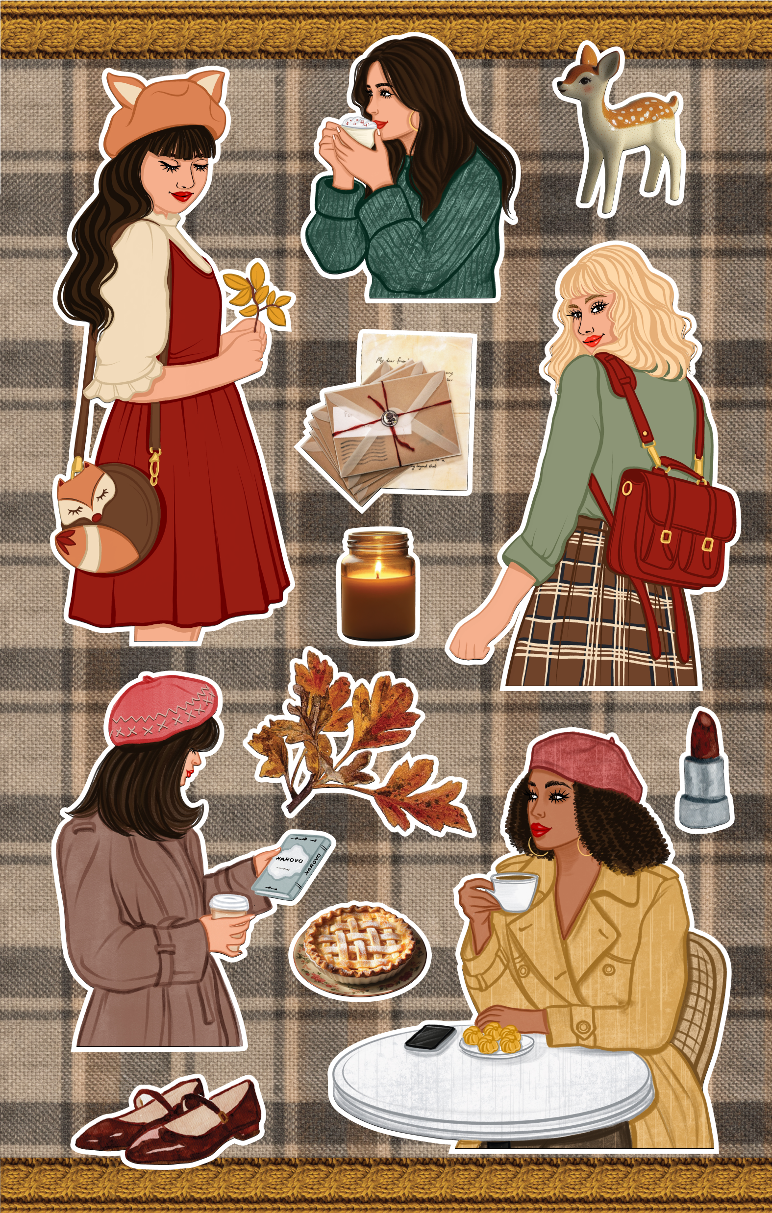 Fall sticker sheet featuring women in cozy sweaters, autumn fashion, coffee dates, candle, woodland deer, pie, leaves, fox hat, and warm neutral plaid background.