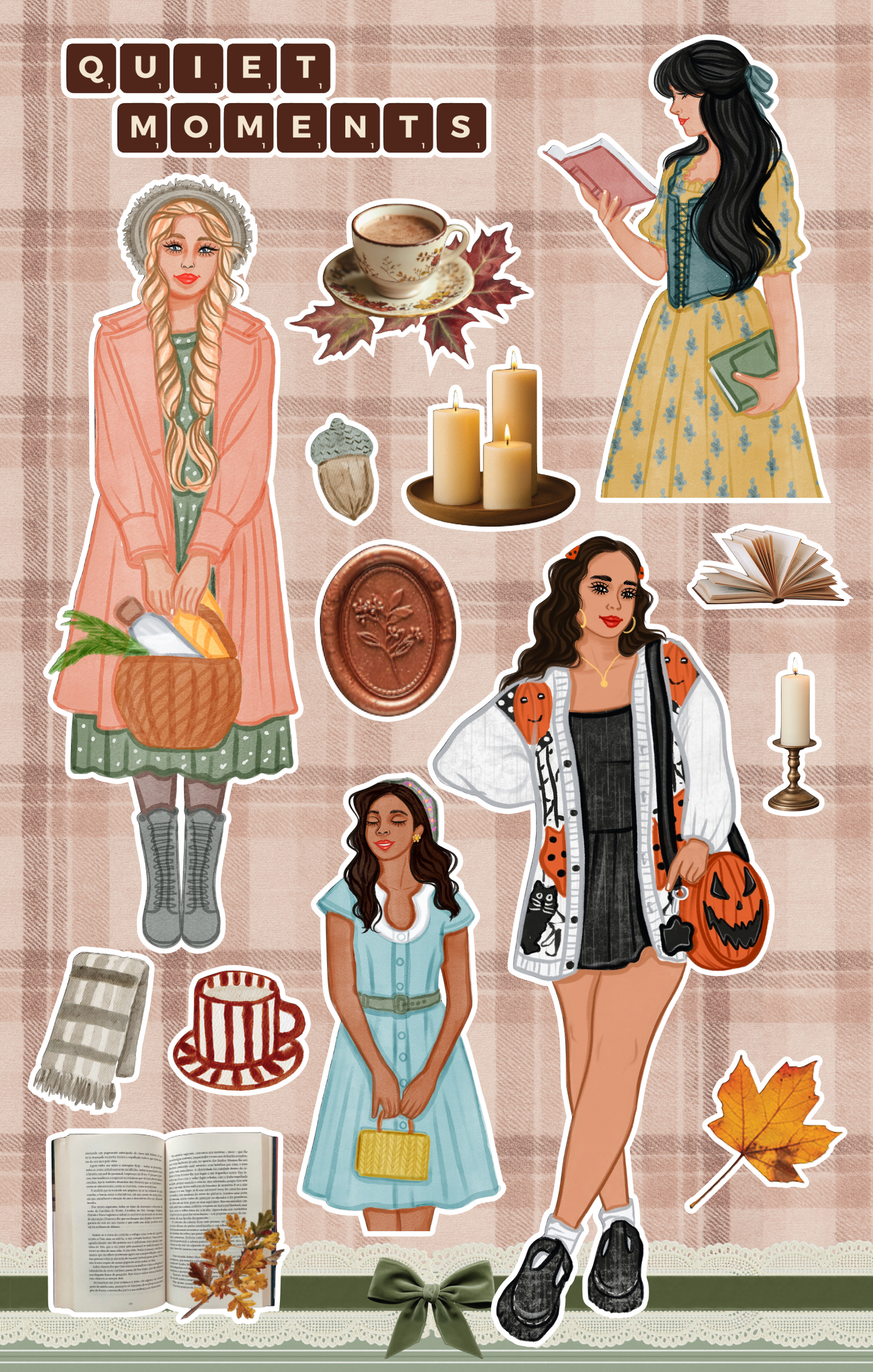 Cozy autumn planner sticker sheet featuring girls reading books, coffee, candles, pumpkins, acorns, fall leaves, vintage decor, and soft blush plaid background.
