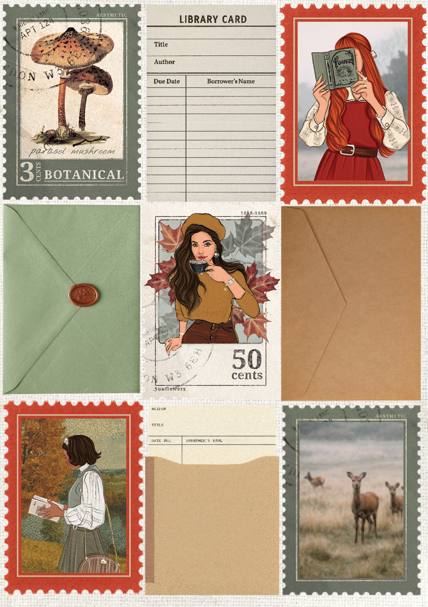 Vintage collage scrapbook paper featuring botanical stamps, library cards, envelopes, autumn portraits, woodland deer, and fall-inspired ephemera.