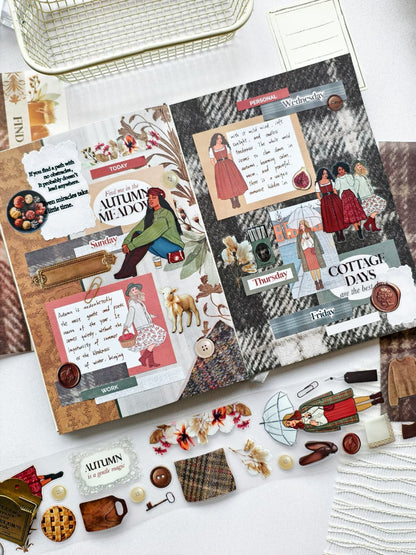Decorative planner spread created with Autumn Tales stickers and PET tape featuring autumn girls, plaid textures, floral accents, vintage ephemera, cottagecore elements, and warm seasonal colors.