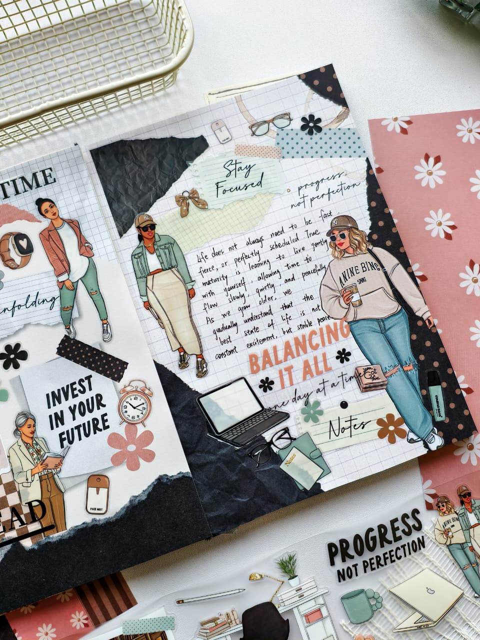 Detailed planner page showcasing stylish women, handwritten journaling notes, office accessories, laptop illustrations, and motivational phrases focused on productivity, balance, and personal growth.