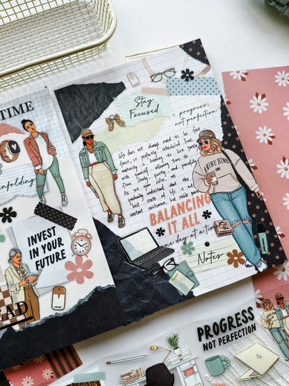 Detailed planner page showcasing stylish women, handwritten journaling notes, office accessories, laptop illustrations, and motivational phrases focused on productivity, balance, and personal growth.