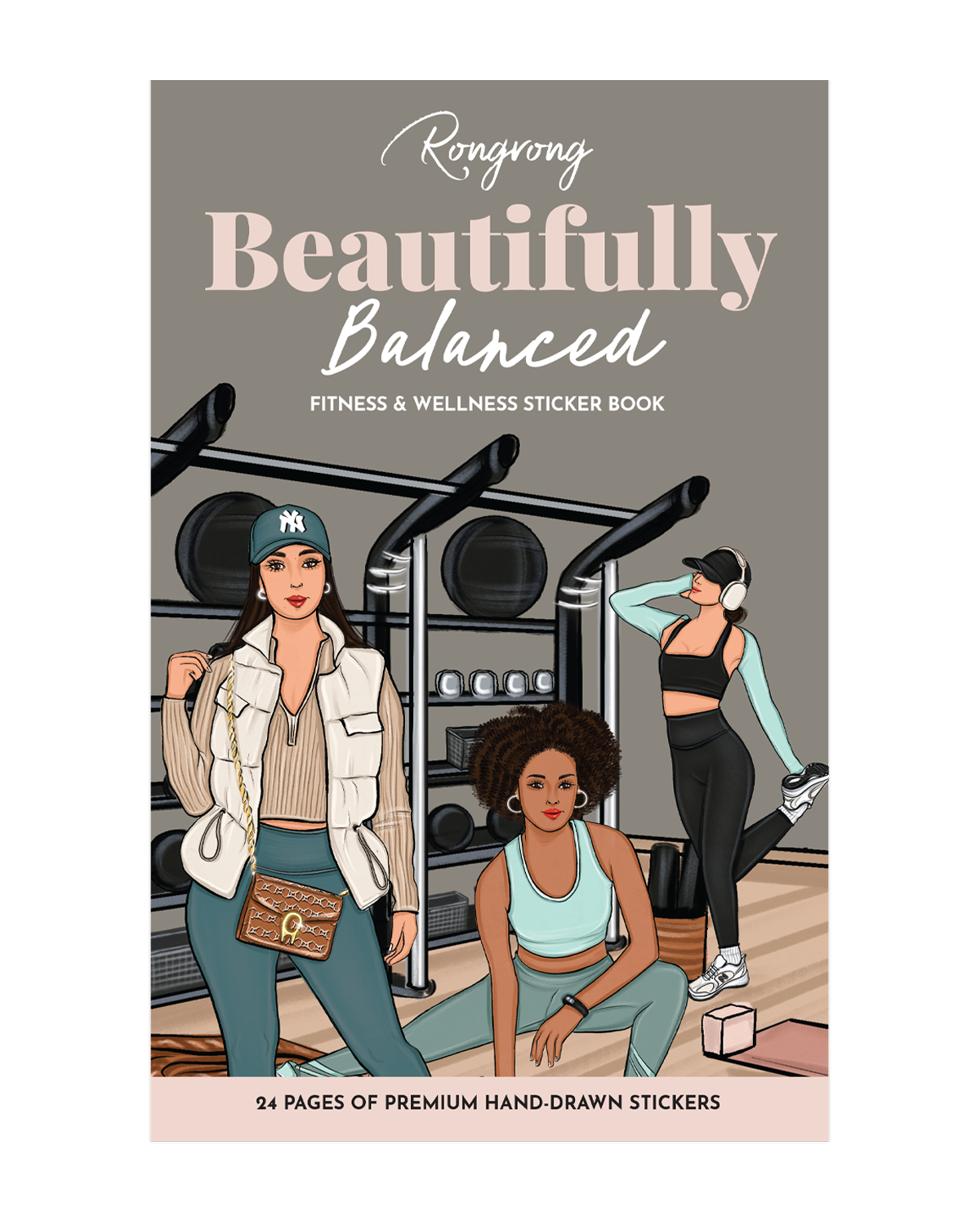 Fitness and wellness sticker book cover with illustrations of women in a gym setting.