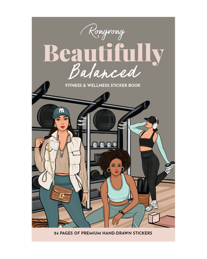 Fitness and wellness sticker book cover with illustrations of women in a gym setting.