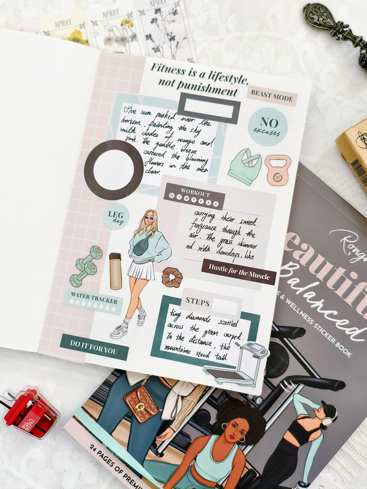 Sticker sheet with fitness-themed designs on a white surface
