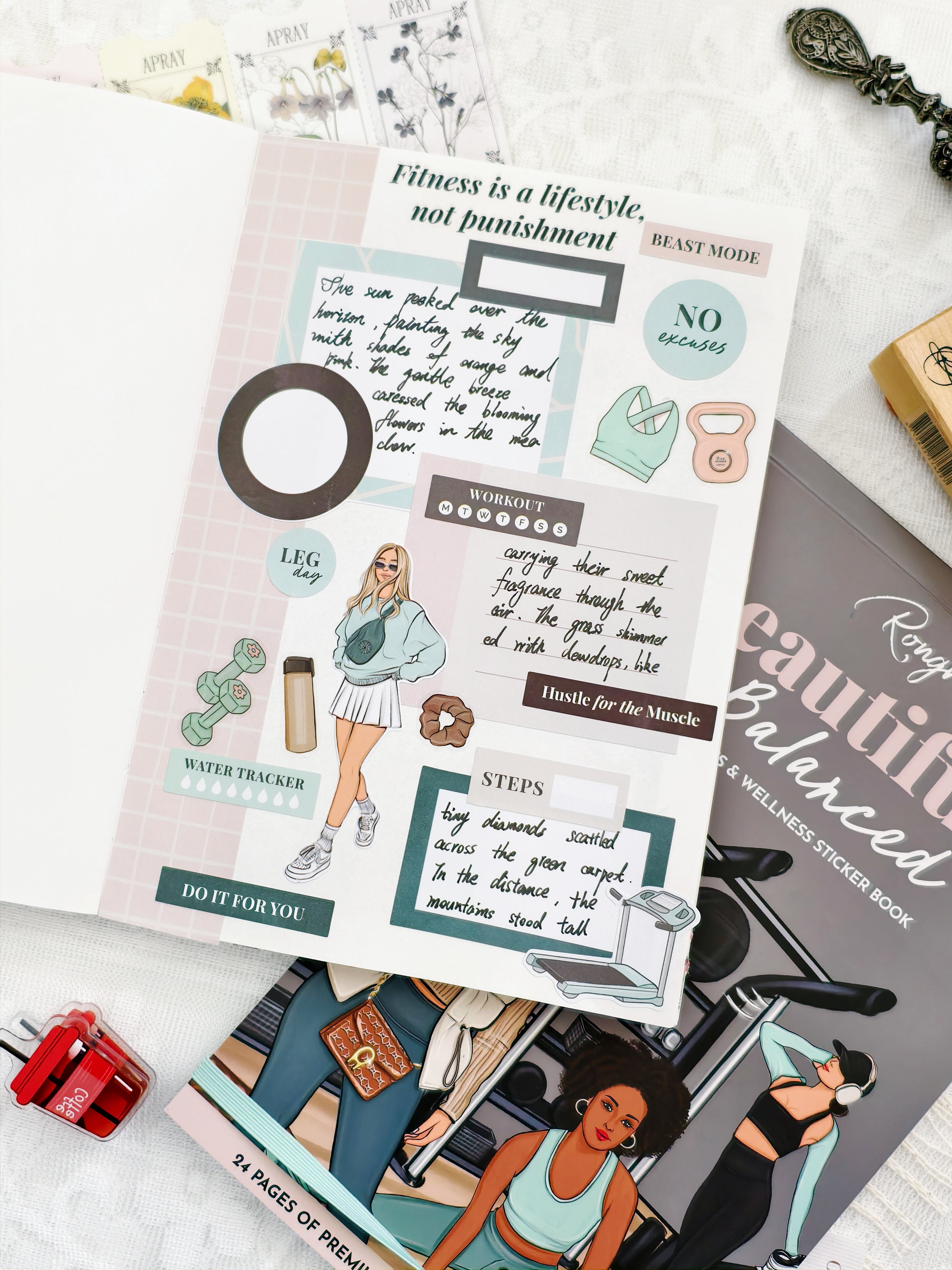 Sticker sheet with fitness-themed designs on a white surface