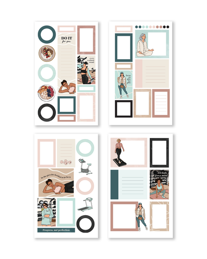 Set of planner stickers with various designs on a white background