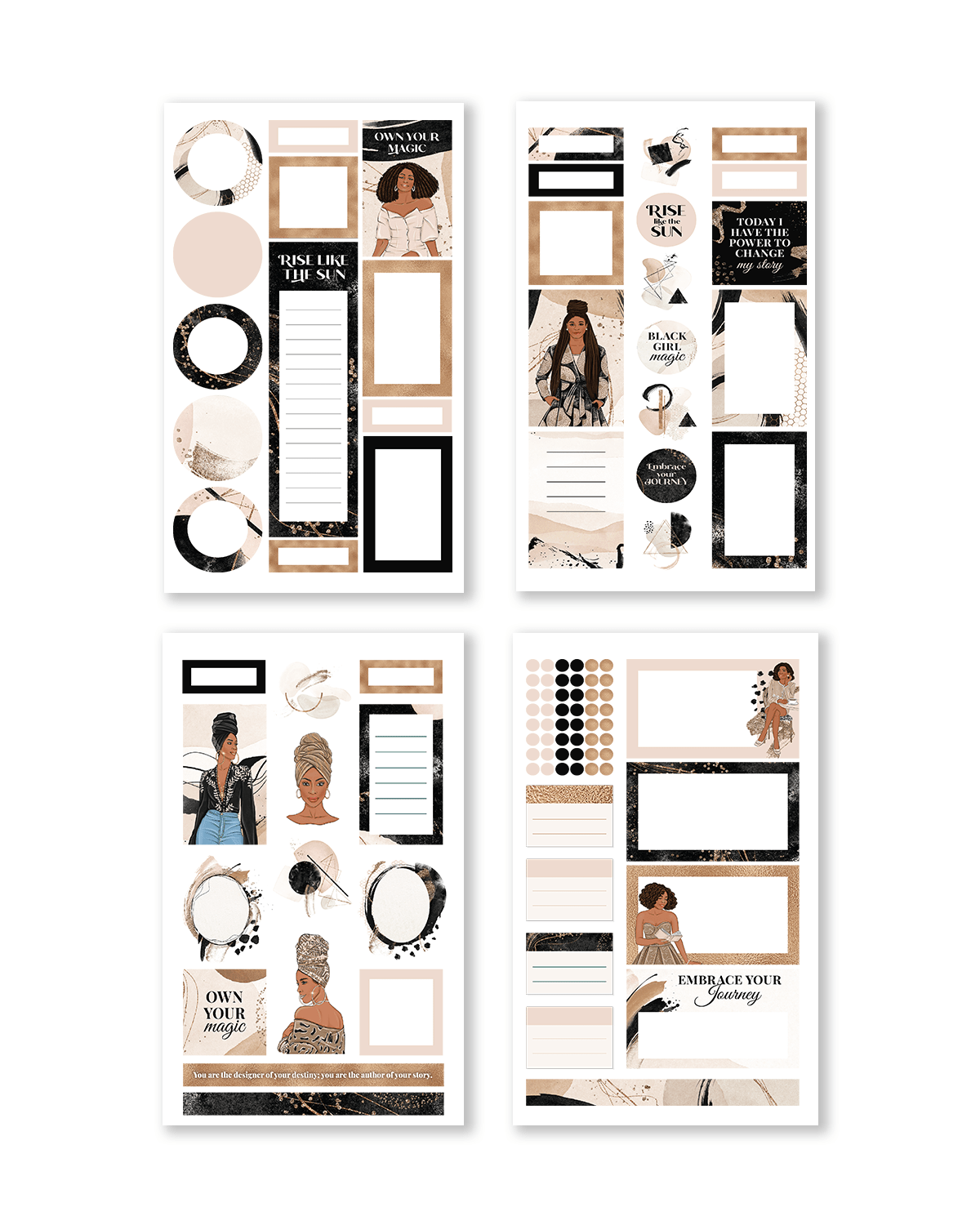 Set of decorative wall art prints with text and images on a white background