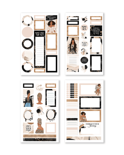 Set of decorative wall art prints with text and images on a white background