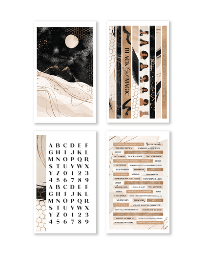 Set of four abstract art prints with different design elements on a white background.