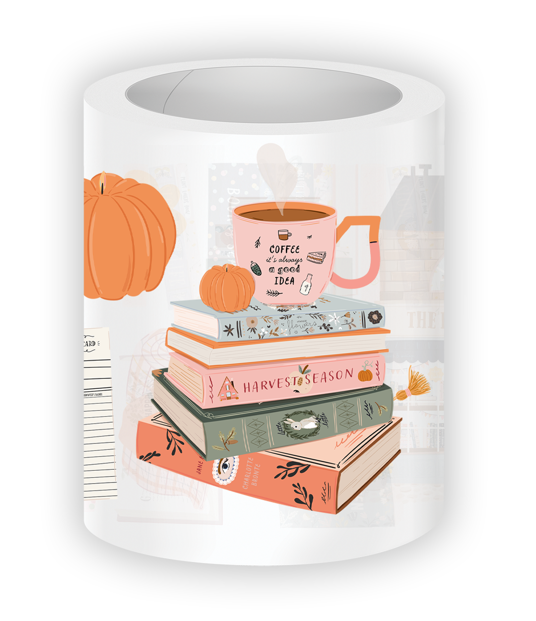 Book-themed planner tape featuring bookshelves, quotes, and boho illustrations
