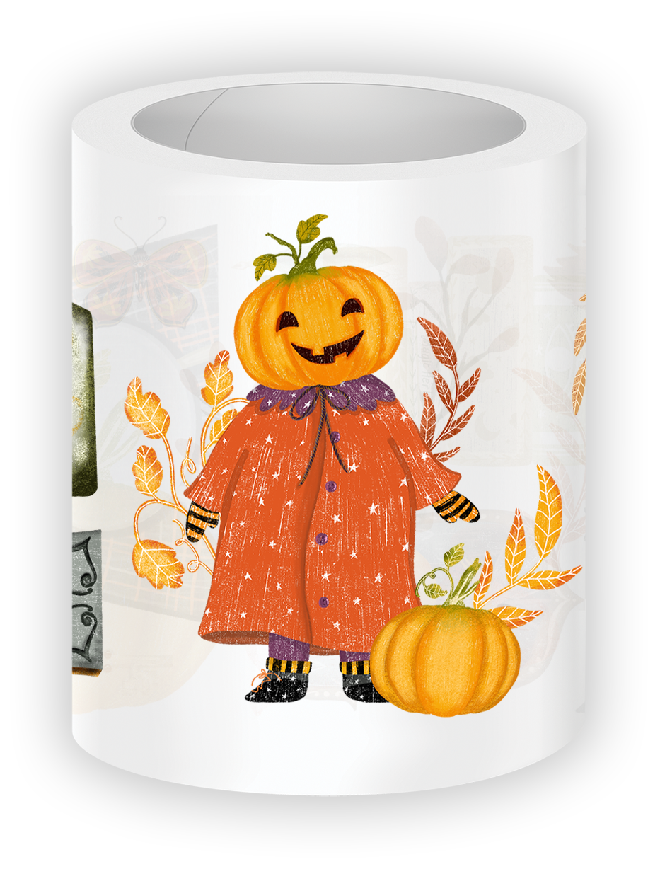Close-up mockup of Boo’s Shelf Pre-cut PET Tape featuring a smiling pumpkin character wearing an orange fall coat with autumn leaves and pumpkins in a cozy vintage Halloween style.