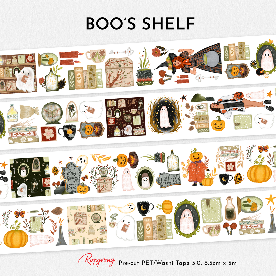 Boo’s Shelf Pre-cut PET Tape 3.0 flat lay showing four rows of Halloween-themed designs including cute ghosts, pumpkins, witches, vintage books, potion bottles, autumn leaves, and cozy spooky decor in warm autumn colors.