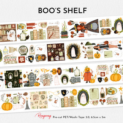 Boo’s Shelf Pre-cut PET Tape 3.0 flat lay showing four rows of Halloween-themed designs including cute ghosts, pumpkins, witches, vintage books, potion bottles, autumn leaves, and cozy spooky decor in warm autumn colors.