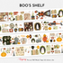 Boo’s Shelf Pre-cut PET Tape 3.0 flat lay showing four rows of Halloween-themed designs including cute ghosts, pumpkins, witches, vintage books, potion bottles, autumn leaves, and cozy spooky decor in warm autumn colors.