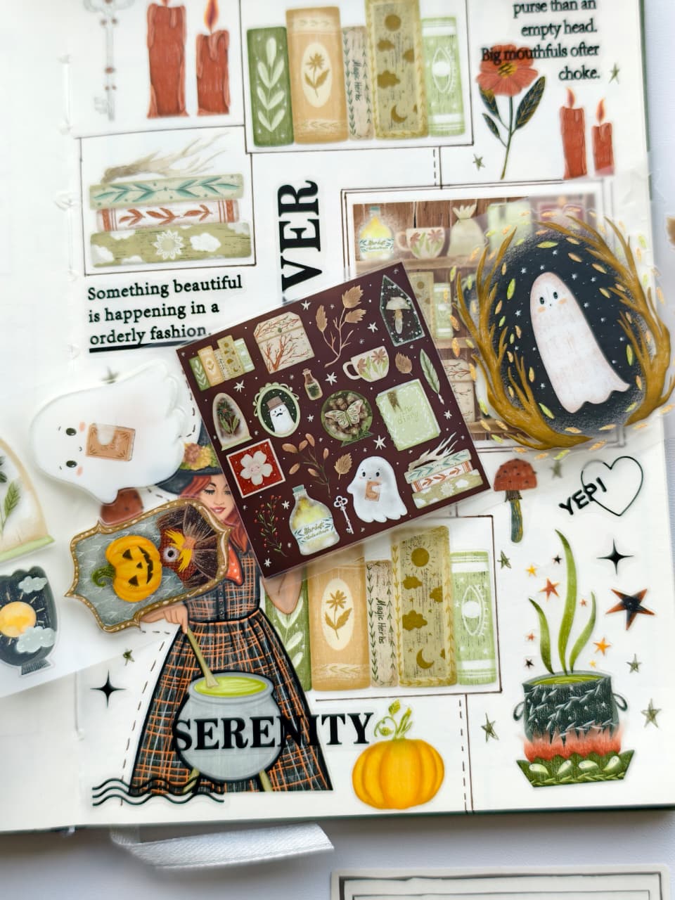 Detailed view of Halloween-inspired PET tape designs including smiling ghosts, magical labels, spellbook elements, botanical illustrations, stars, and cozy witch-themed decorative pieces.