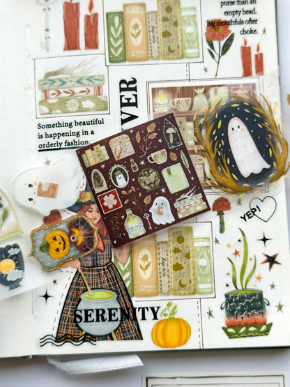 Detailed view of Halloween-inspired PET tape designs including smiling ghosts, magical labels, spellbook elements, botanical illustrations, stars, and cozy witch-themed decorative pieces.