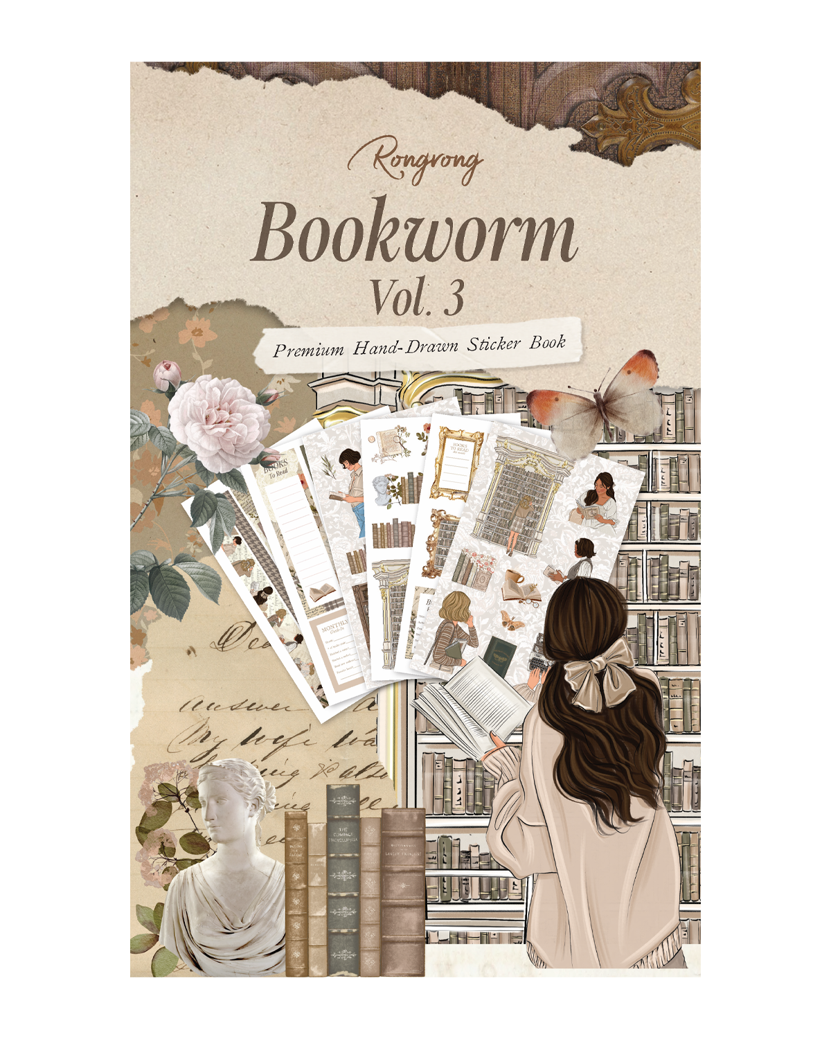 Sticker book cover featuring whimsical illustrations of books, cozy reading nooks, and charming characters in soft pastel colors.