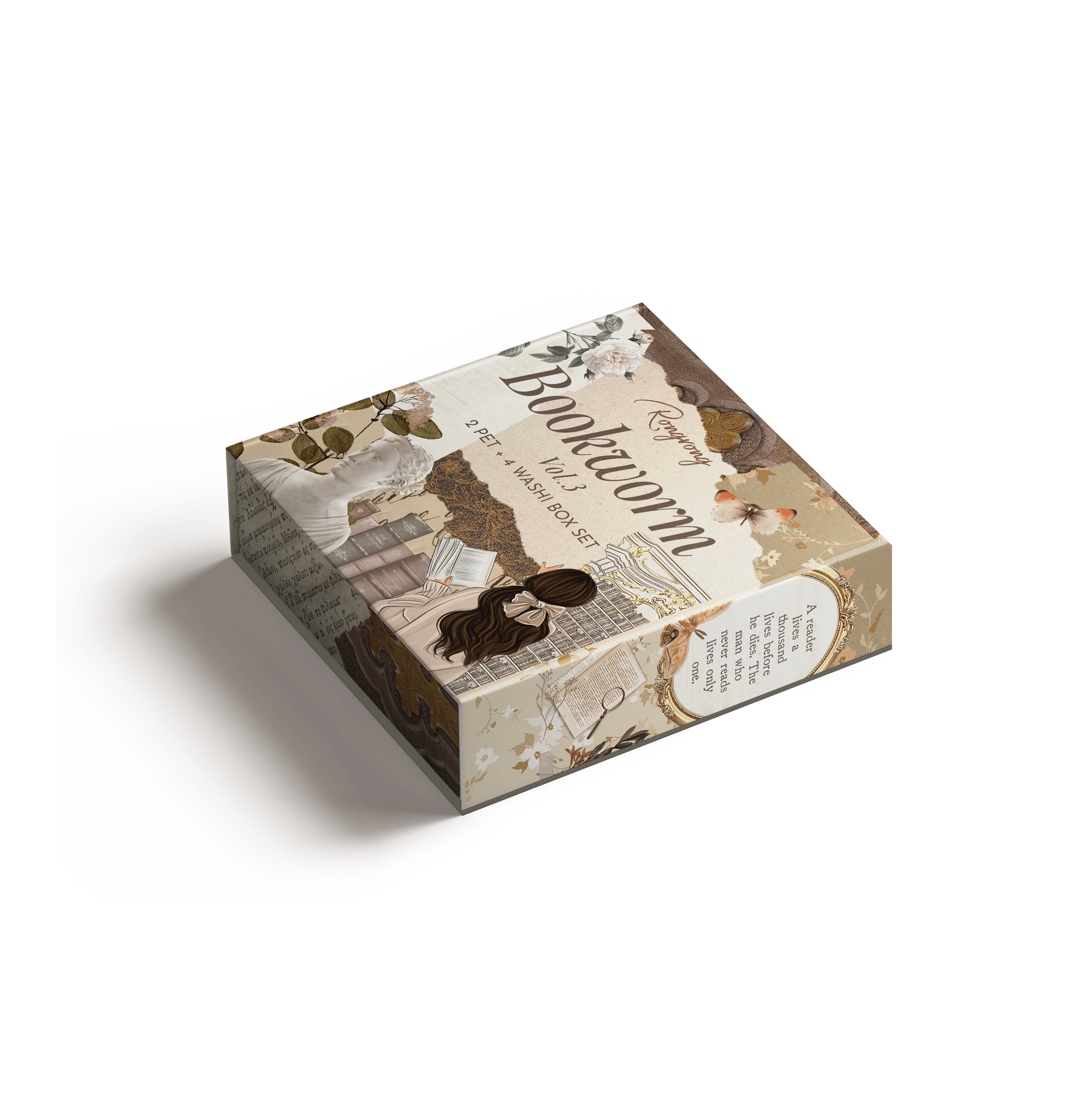 Bookworm Vol. 3 PET tape roll with cozy book lover illustrations and matching washi

