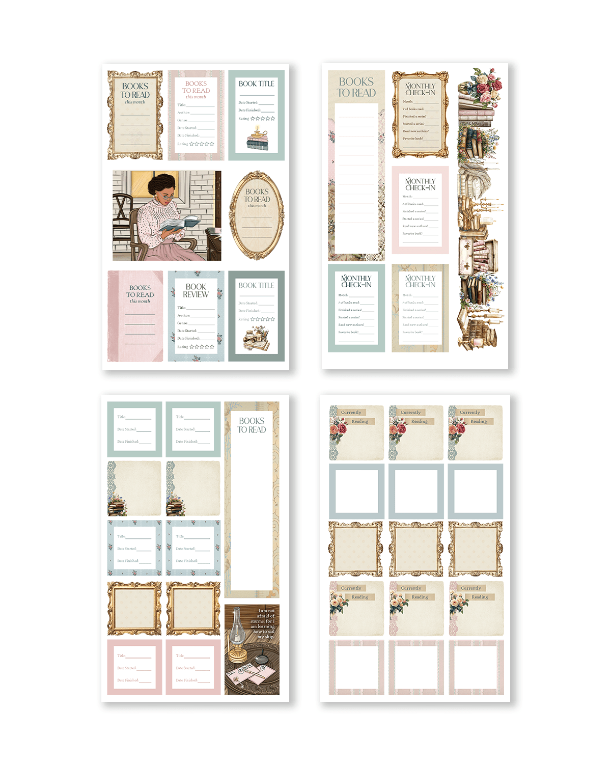 Collection of book-themed planner stickers on a white background