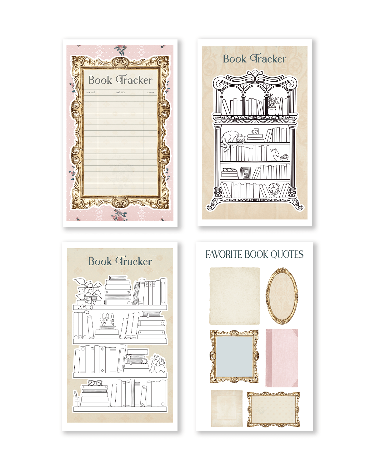 Set of four book-themed stationery items with decorative elements on a white background.