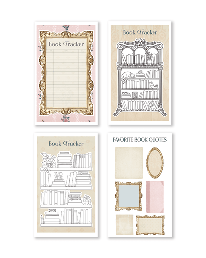 Set of four book-themed stationery items with decorative elements on a white background.