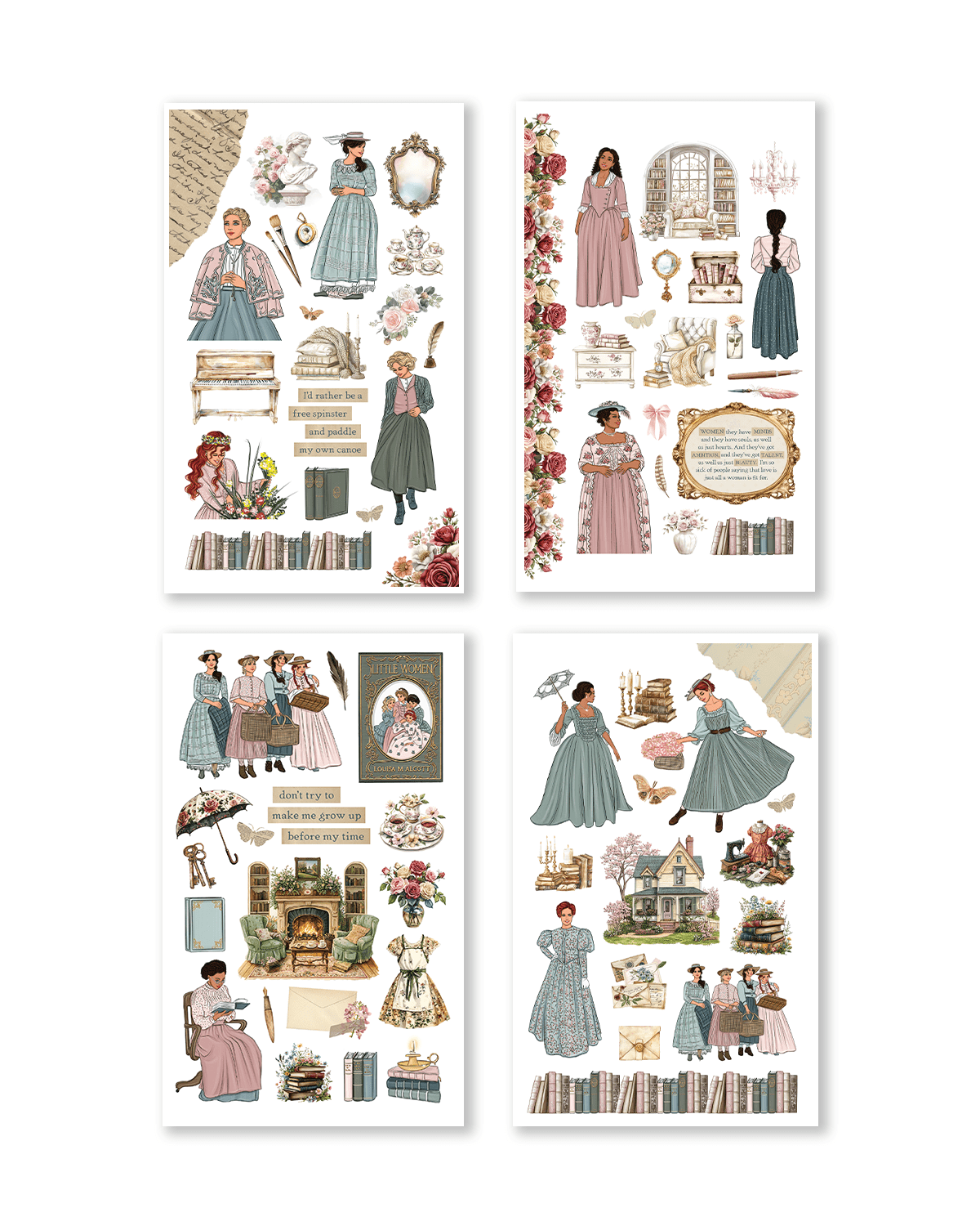 Set of vintage-style illustration sheets with women in dresses and decorative elements on a white background.