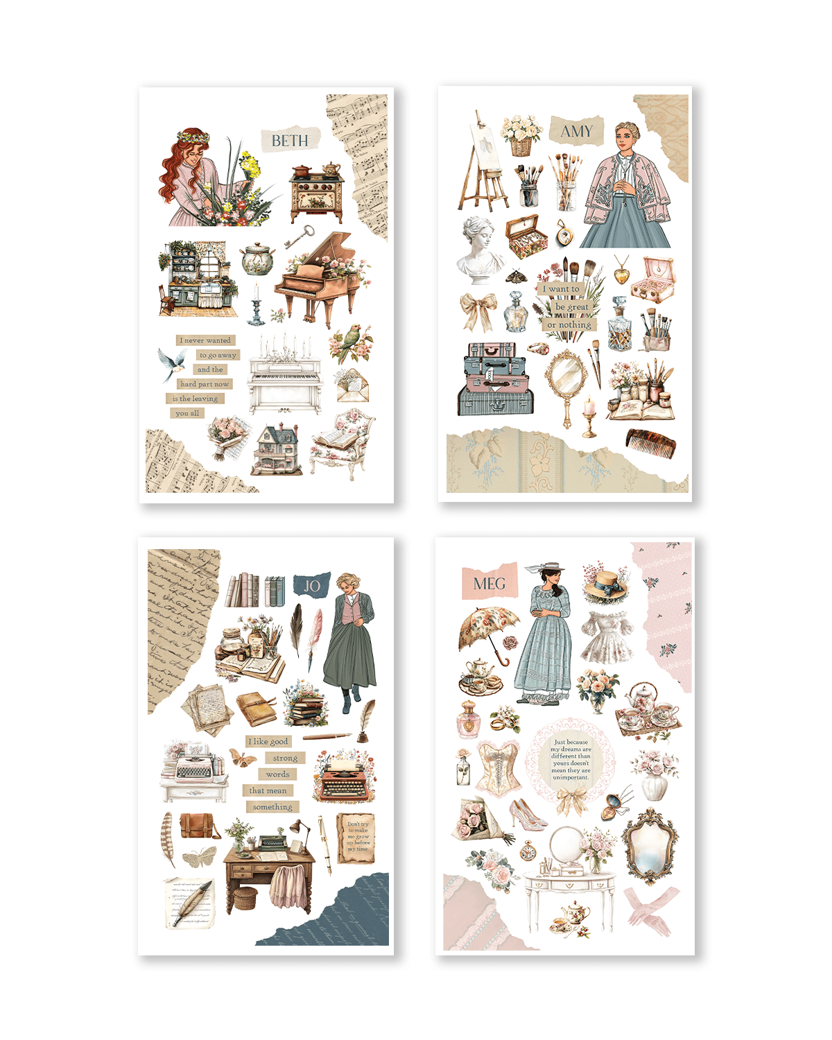 Set of four vintage-style illustration sheets on a white background