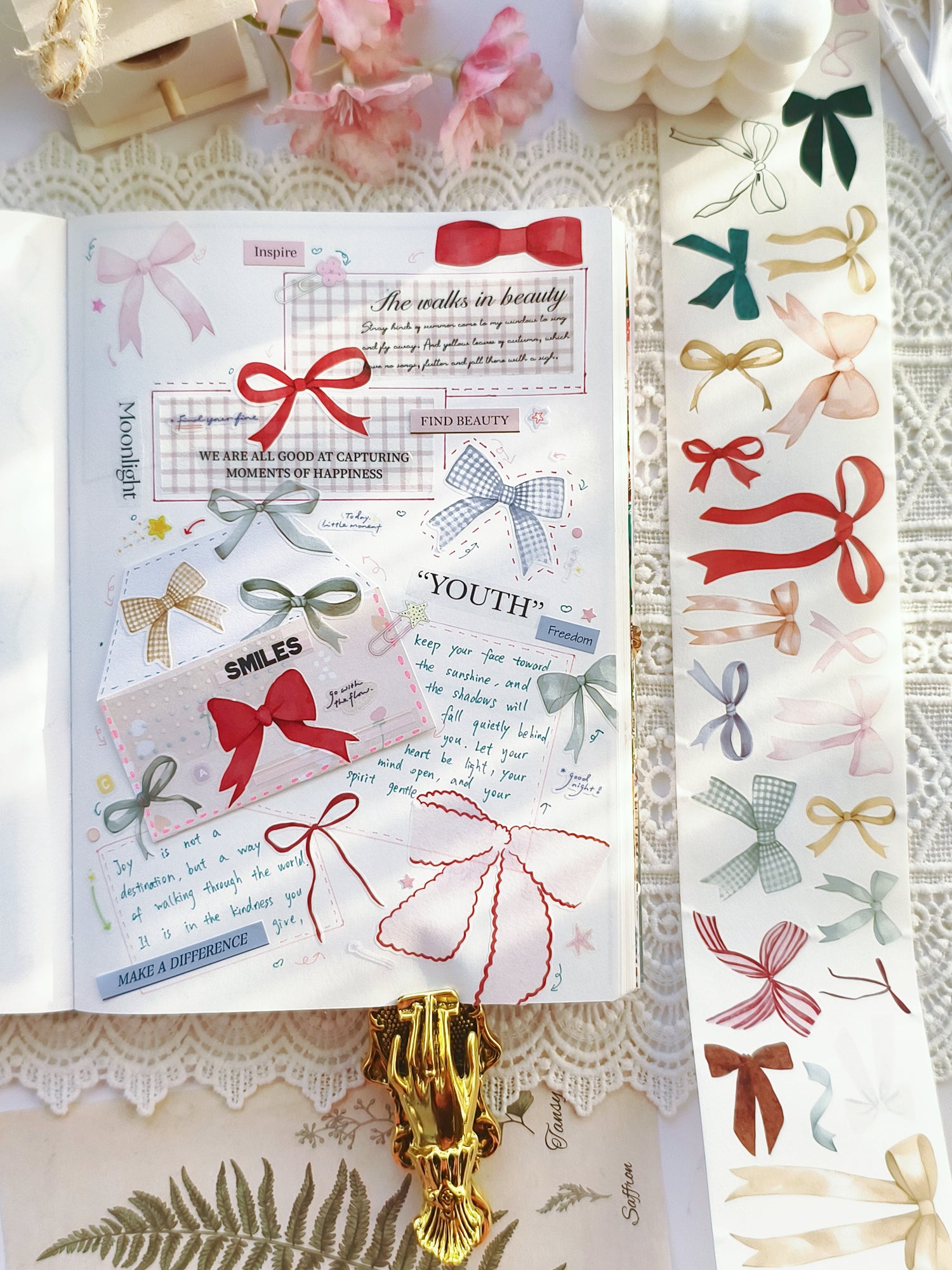 Bow themed Japanese washi tape with pastel ribbon designs