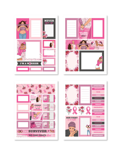 Stickers showcasing uplifting quotes and motivational phrases related to breast cancer awareness, illustrated in vibrant pink.