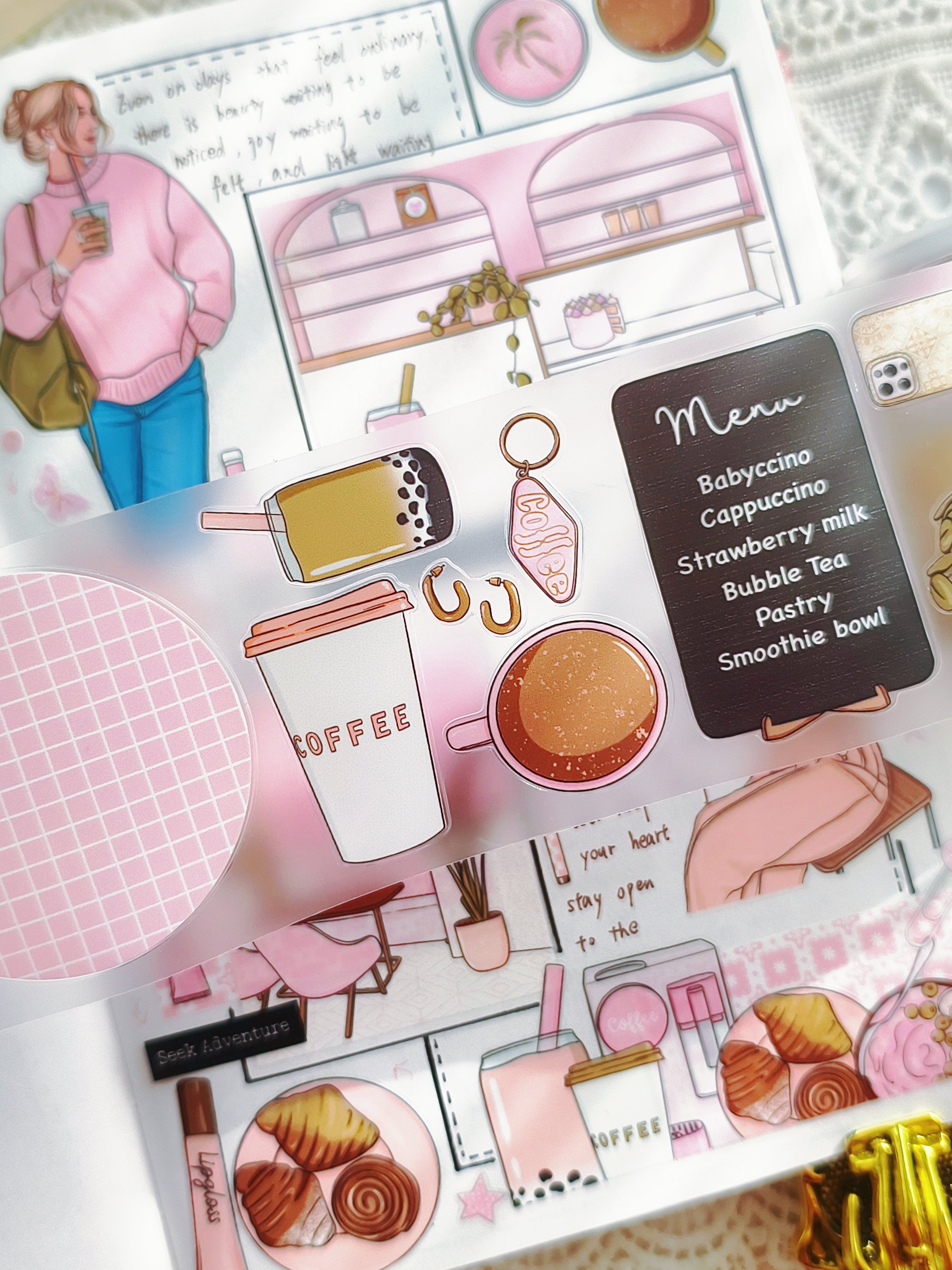 Café themed pre-cut PET tape with coffee and pastries