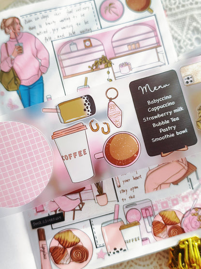 Café themed pre-cut PET tape with coffee and pastries