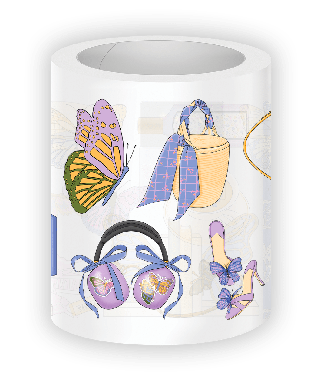 PET tape with butterfly illustrations on books, hair clips, and accessories