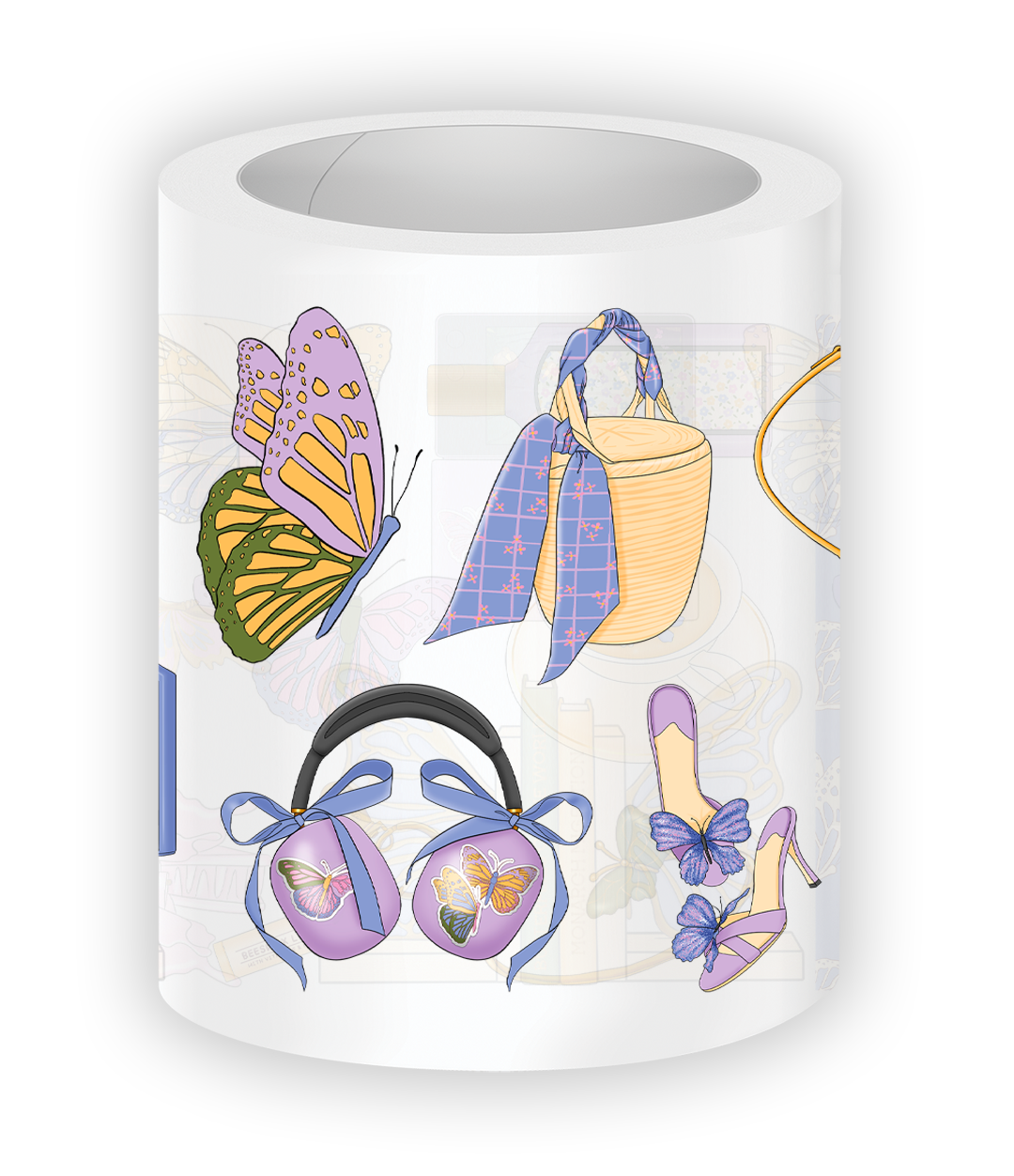 PET tape with butterfly illustrations on books, hair clips, and accessories

