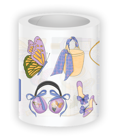 PET tape with butterfly illustrations on books, hair clips, and accessories

