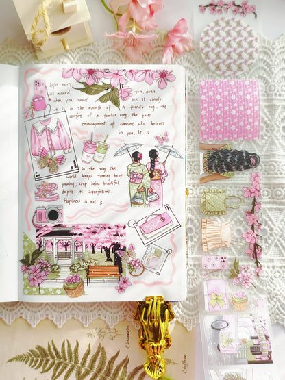 Cherry blossom themed pre-cut PET tape with pink florals