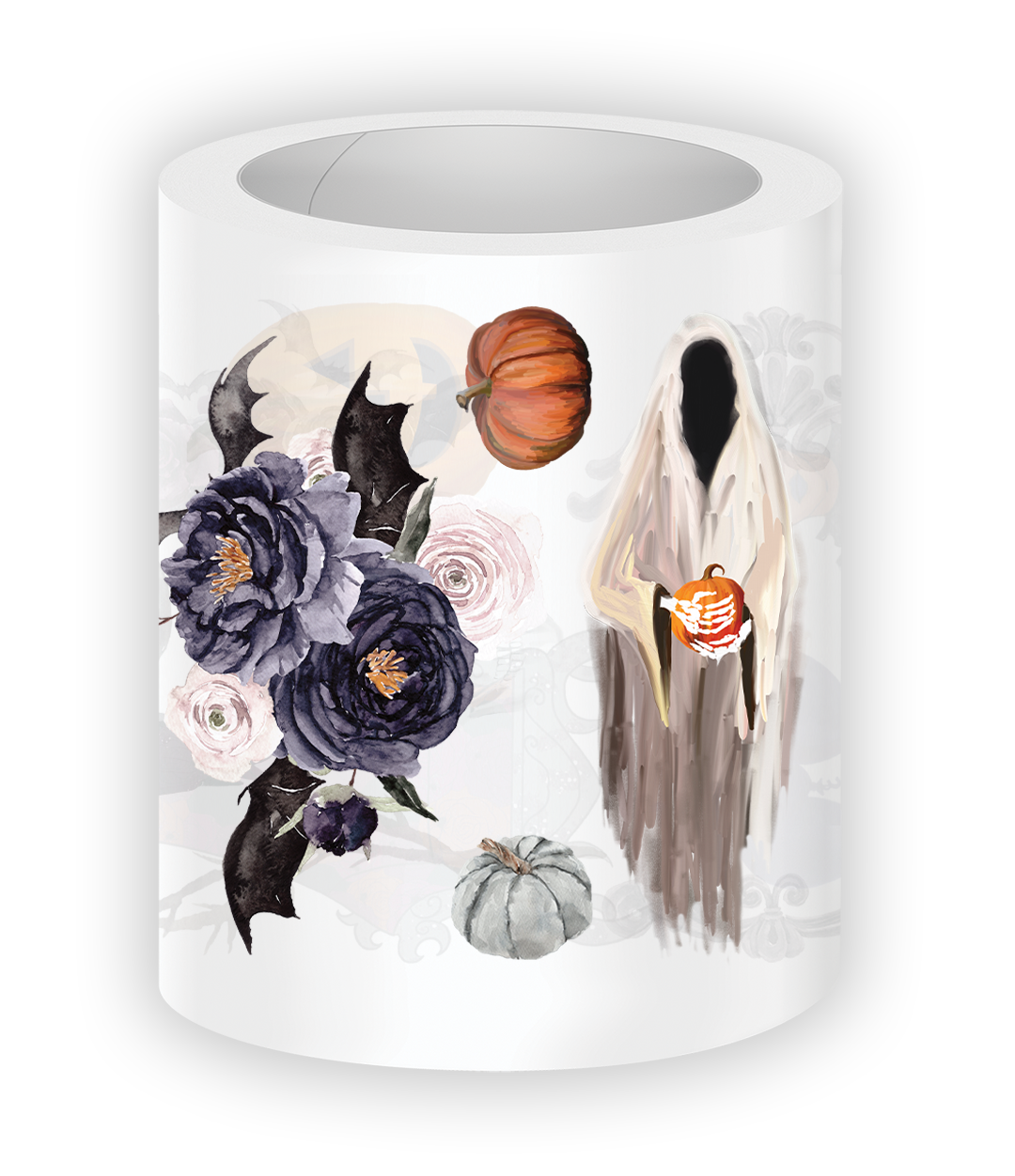 Decorative candle with Halloween-themed design featuring flowers, pumpkins, and a ghost on a white background.
