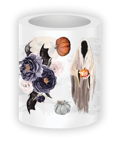 Decorative candle with Halloween-themed design featuring flowers, pumpkins, and a ghost on a white background.