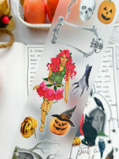 Close-up of Chic Halloween PET Tape displaying Halloween icons including a skull, pumpkin, ornate label frame, black hand, gothic fairy, spooky tree branches, and elegant seasonal embellishments.